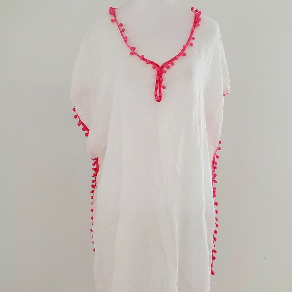 Swimsuit Cover Up Beach Cover Up Poncho Bauble Trim Soft Gauzy White boho casual